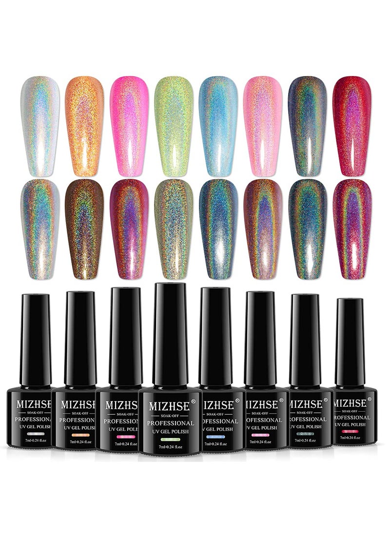 MIZHSE MIZHSE 8 Colors Holographic Gel Nail Polish, Laser Iridescent Gel Polish Set, Chrome Rainbow Shimmer Glitter Nail Gel, Sparkly Shiny Gel Polish Silver Pink Nail Art Salon at Home Women Gift 