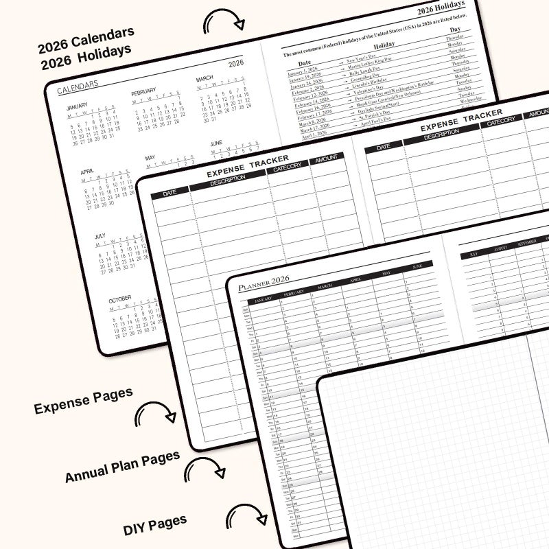 Benkaim Daily Planner 2026, Calendar 2026 Agenda Planner Daily Journal Notebook 8.5"x5.8", January 2026 to December 2026, Faux Leather Cover (Black, 8.5"Ã—5.75") - Image 4