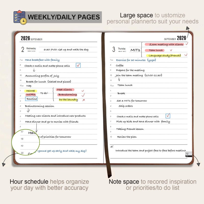 Benkaim Daily Planner 2026, Calendar 2026 Agenda Planner Daily Journal Notebook 8.5"x5.8", January 2026 to December 2026, Faux Leather Cover (Black, 8.5"Ã—5.75") - Image 2