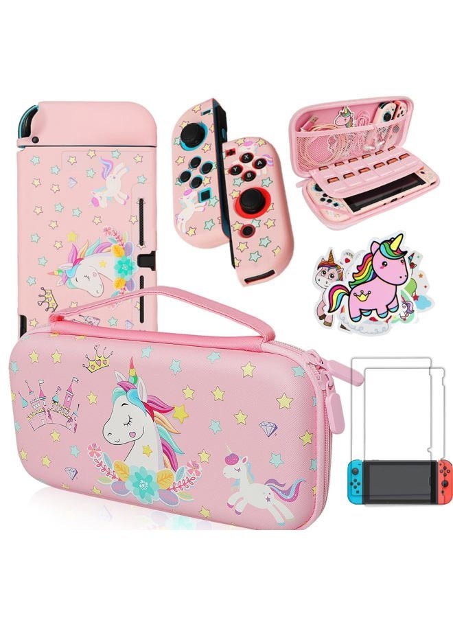 Trunple Pink Unicorn Carring Case Compatible with Nintendo Switch with Dockable Protective Grip Case + Screen Protector + Unicorn Stickers, Hard Storage Case Accessories Kit for Girls Birthday - Image 1