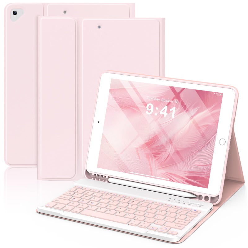 KBCASE Keyboard Case for iPad 9th/8th/7th Generation 2021/2020/2019, Compatible with iPad Air 3/Pro 10.5, Detachable Wireless Keyboard Case with Pencil Holder (Light Pink) - Image 1