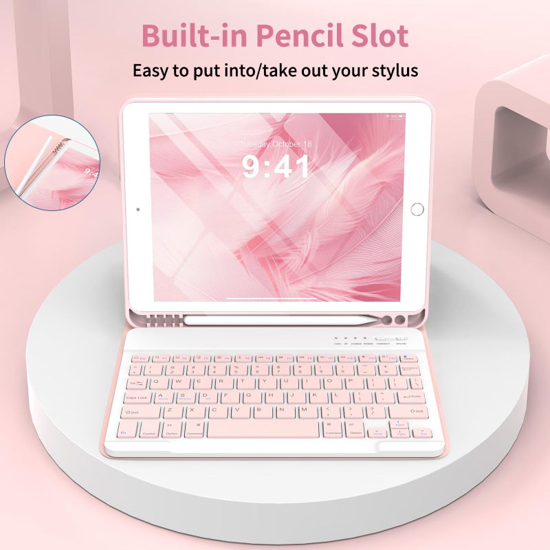 KBCASE Keyboard Case for iPad 9th/8th/7th Generation 2021/2020/2019, Compatible with iPad Air 3/Pro 10.5, Detachable Wireless Keyboard Case with Pencil Holder (Light Pink) - Image 5