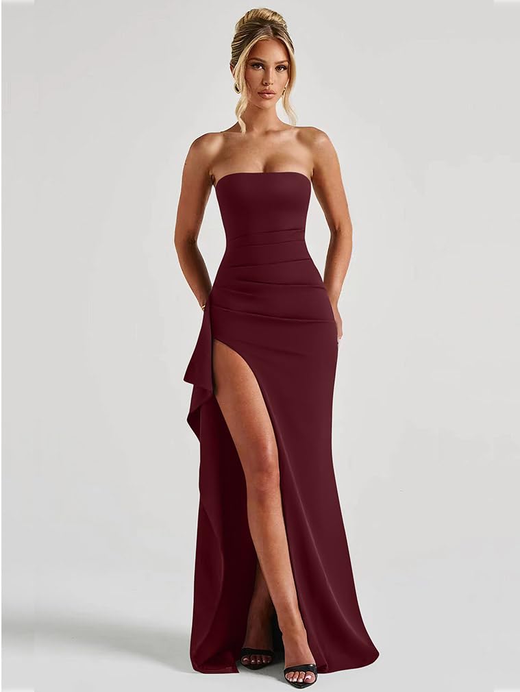 LAGSHIAN Women's Elegant Tube High Split Maxi Dress Strapless Bodycon Ruched Long Formal Evening Dress WineRed - Image 2