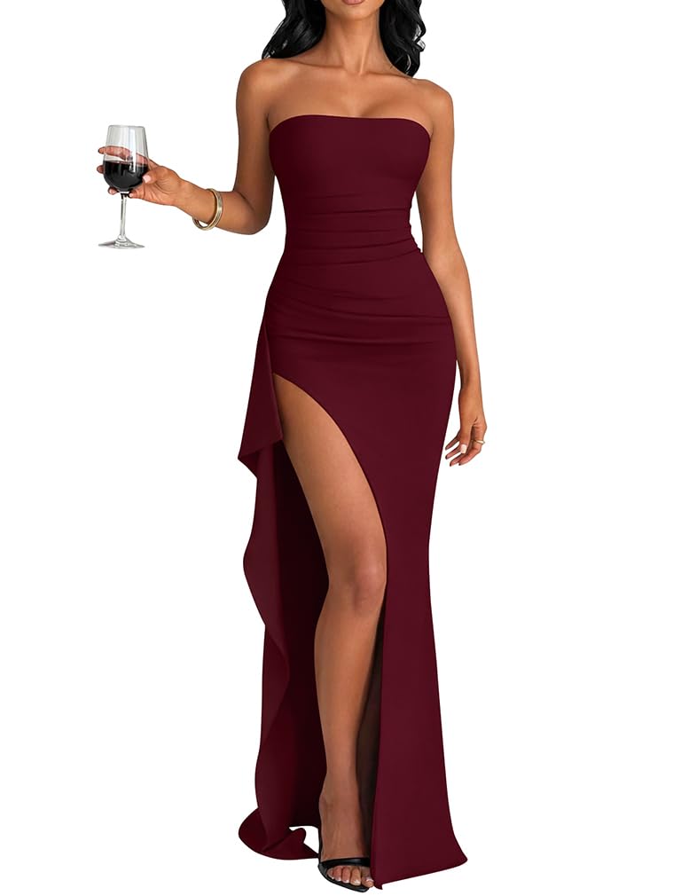 LAGSHIAN Women's Elegant Tube High Split Maxi Dress Strapless Bodycon Ruched Long Formal Evening Dress WineRed - Image 1
