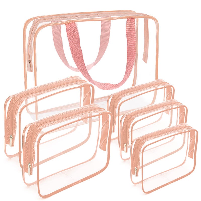 APREUTY APREUTY Clear Makeup Bags TSA Approved 6 Pcs Cosmetic Makeup Bags Set Clear PVC with Zipper Handle Portable Travel Luggage Pouch Airport Airline Vacation Organization Pink 