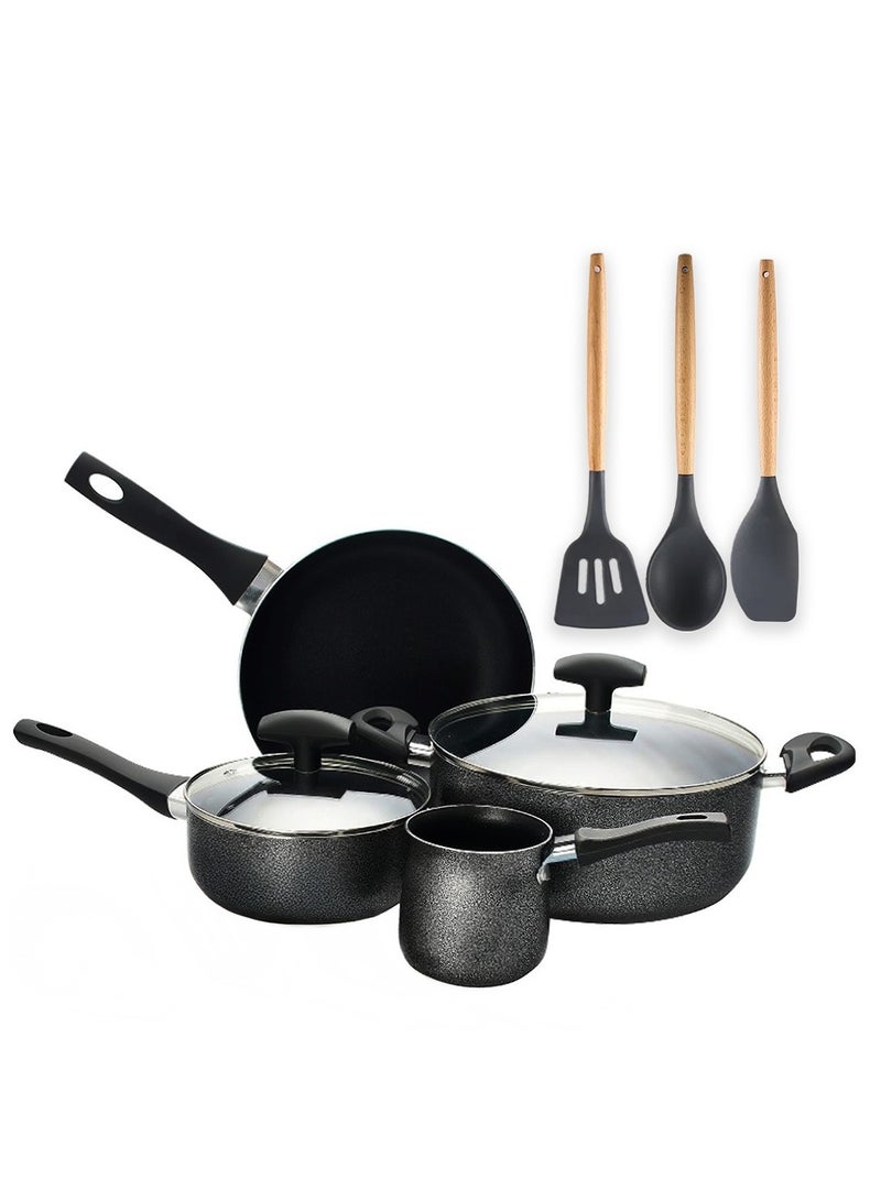 Sweet Home Cookware Set (9Pcs) Non Stick Kitchen Utensil Sets Aluminum Cooking Essentials Pan Set (Silver) - Image 1