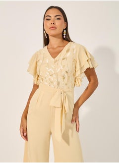 Styli Embroidered Layered Ruffled Sleeves Wide Leg Jumpsuit  - Image 3