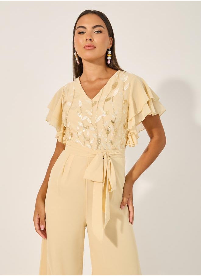 Styli Embroidered Layered Ruffled Sleeves Wide Leg Jumpsuit  - Image 3