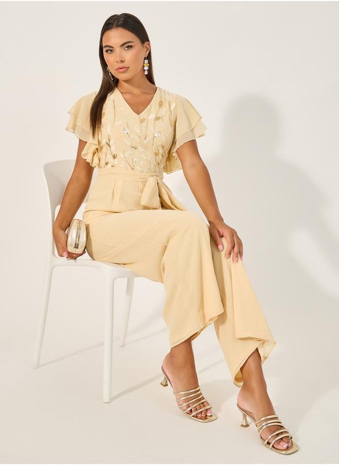 Styli Embroidered Layered Ruffled Sleeves Wide Leg Jumpsuit  - Image 1