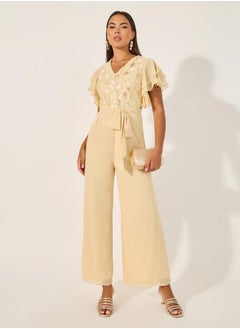 Styli Embroidered Layered Ruffled Sleeves Wide Leg Jumpsuit  - Image 2