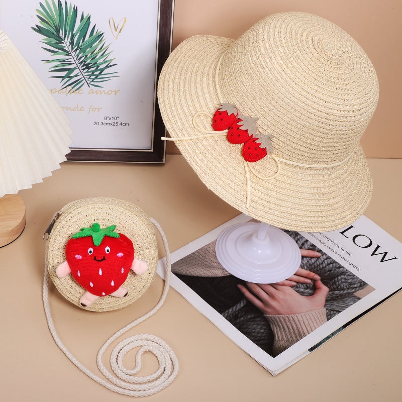 1 Set Strawberry Purse Handbag Small Crossbody Bag Weave Bag Cute Purse Beach Bag with Hat - Image 3