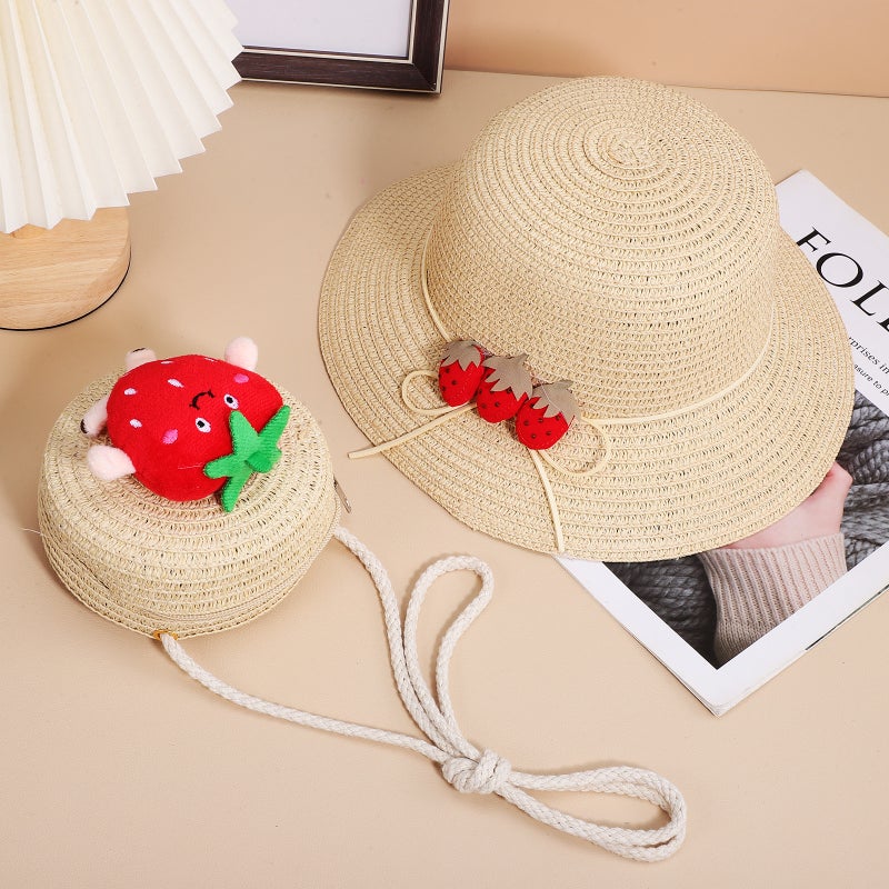 1 Set Strawberry Purse Handbag Small Crossbody Bag Weave Bag Cute Purse Beach Bag with Hat - Image 2