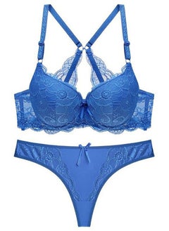 Comfy Solid Color Thin Cup Lace Bra Panty Set Women's Underwear Set Blue