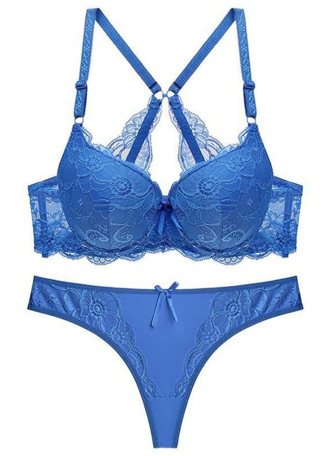 Loquat - Comfy Solid Color Thin Cup Lace Bra Panty Set Women's Underwear Set Blue - Image 1