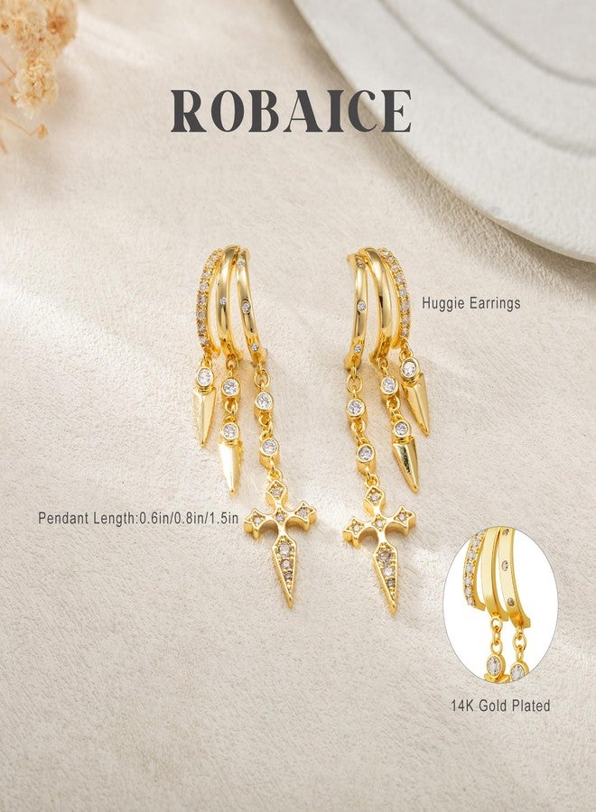 Robaice Gold Earrings for Women,14k Gold Plated Triple Huggie Earrings Dainty Dangle Earrings for Women Trendy Small Gold Hoops Statement Long Drop CZ Chain Earrings Non Tarnish Jewelry, Brass, No - Image 5
