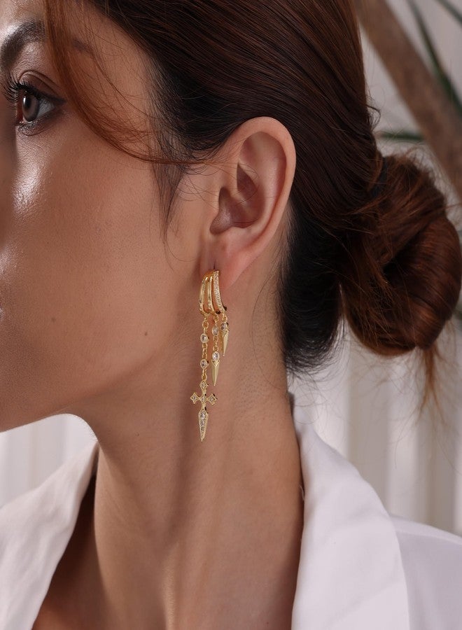 Robaice Gold Earrings for Women,14k Gold Plated Triple Huggie Earrings Dainty Dangle Earrings for Women Trendy Small Gold Hoops Statement Long Drop CZ Chain Earrings Non Tarnish Jewelry, Brass, No - Image 4