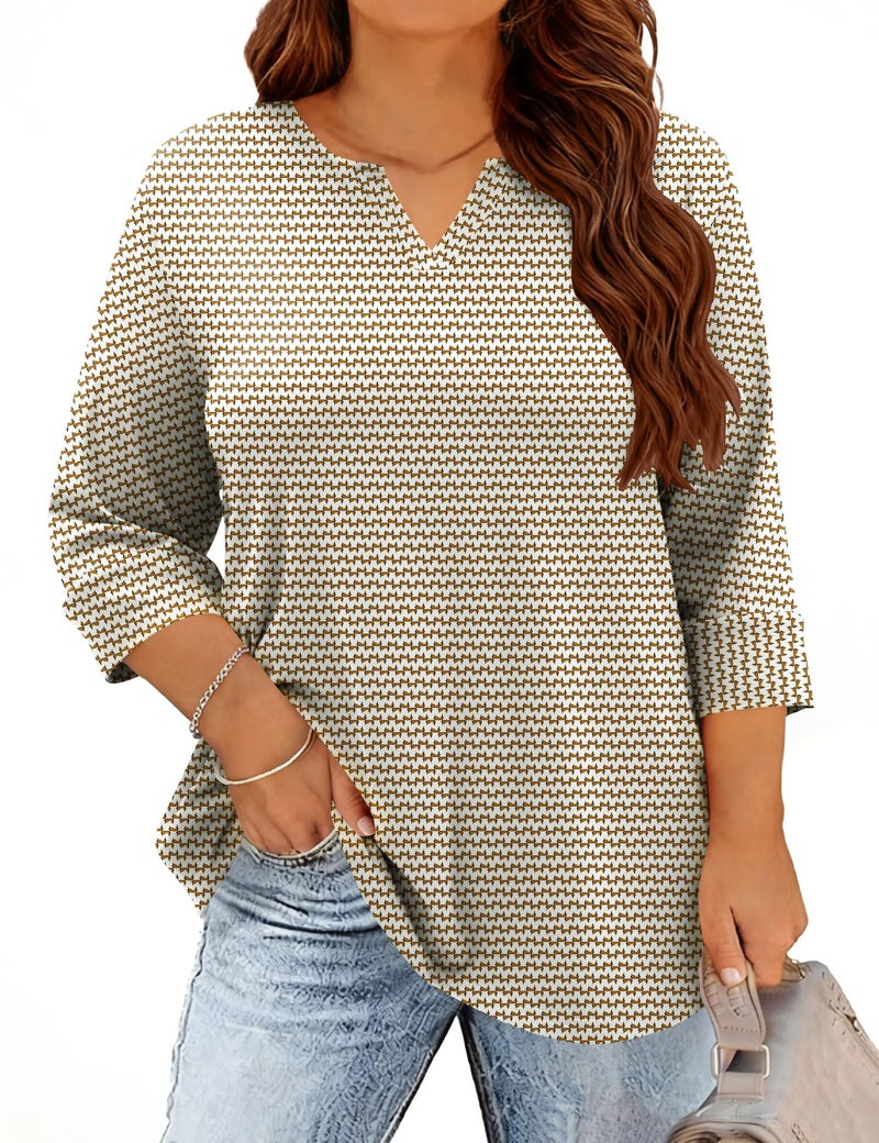 TFSDOD Summer Tops Plus Size Tshirts Shirts for Women Half Sleeve Top V Neck Boho Blouse Loose Fit 2026 Apricot Stripe 5XL - Image 1