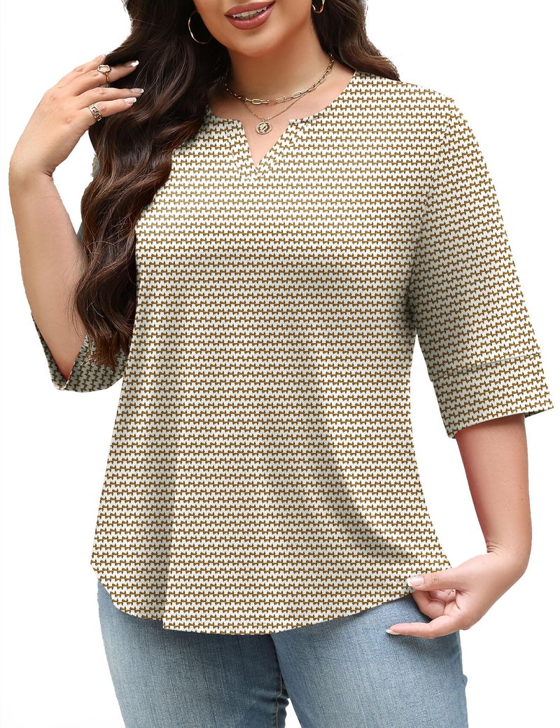 TFSDOD Summer Tops Plus Size Tshirts Shirts for Women Half Sleeve Top V Neck Boho Blouse Loose Fit 2026 Apricot Stripe 5XL - Image 2