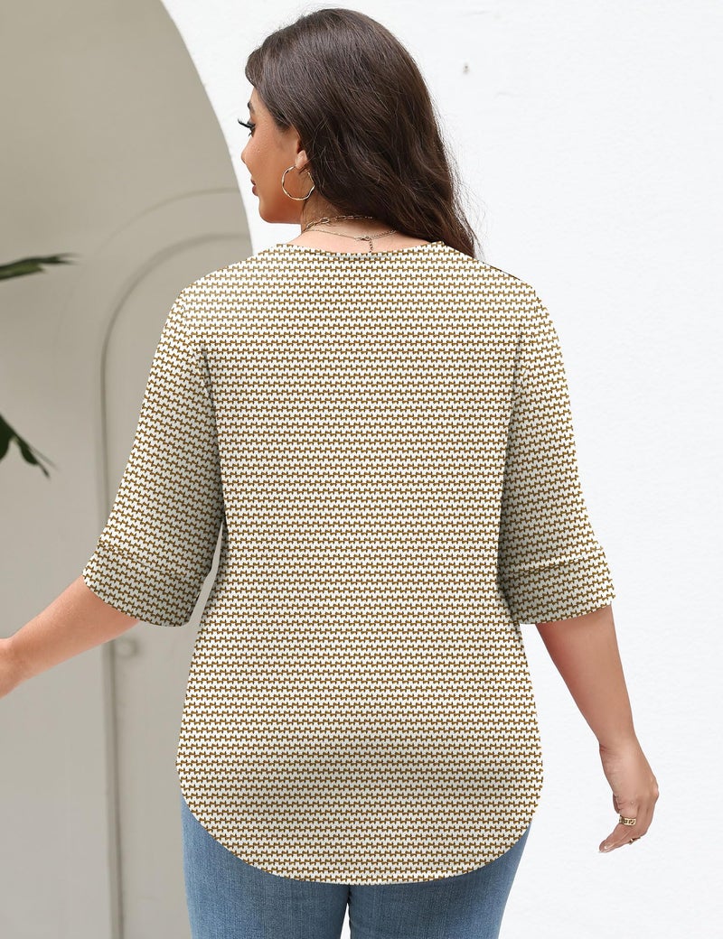TFSDOD Summer Tops Plus Size Tshirts Shirts for Women Half Sleeve Top V Neck Boho Blouse Loose Fit 2026 Apricot Stripe 5XL - Image 3