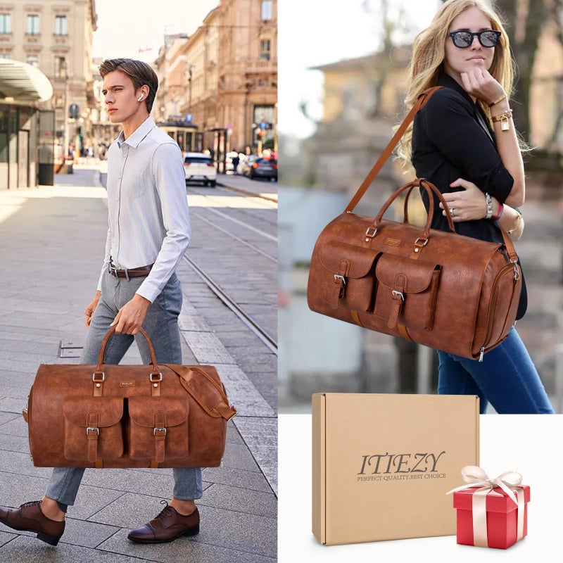 ITIEZY Garment Bag for Travel, Convertible Carry on Garment Duffel Bag for Men 3Pcs, Faux Leather Waterproof Large Weekender Bag for Men 2 in 1 Hanging Suitcase Suit Dress Business Travel Bag - Image 2