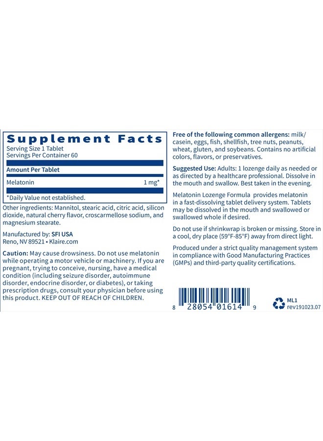 Klaire Labs Melatonin Lozenge - Fast-Dissolving, Quick Release 1 Milligram Melatonin Tablets for Men & Women with Natural Cherry Flavor (60 Dissolvable Tablets) - Image 2