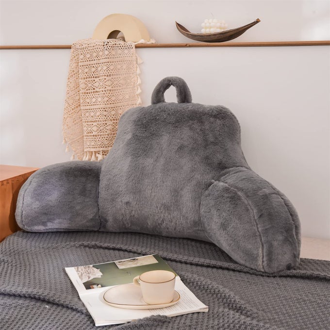 FAUX FUR READING PILLOW BED WEDGE LARGE ADULT CHILDREN BACKREST WITH ARMS BACK SUPPORT FOR SITTING UP IN BED COUCH FOR BEDRESTGRAY STANDARD