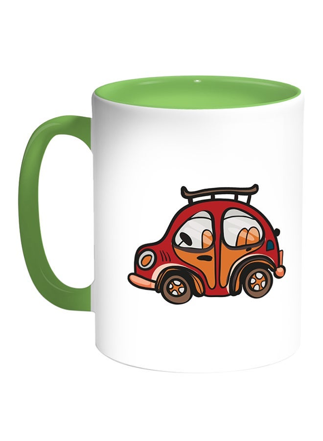 RYN A Red Car Printed Coffee Mug White/Green 11ounce
