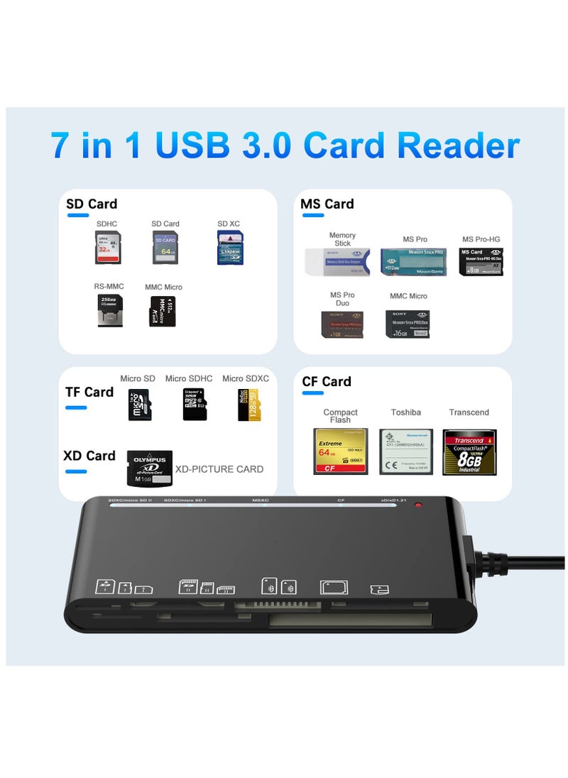KASTWAVE - USB 3.0 Memory Card Reader Upgraded Extension 7 in 1 Multi-Card Adapter 5Gbps Read Write for SD SDXC SDHC CF CFI TF XD Micro SD Micro SDXC Micro SDHC MS MMC UHS-I Card for Windows Mac OS Linux - Image 1