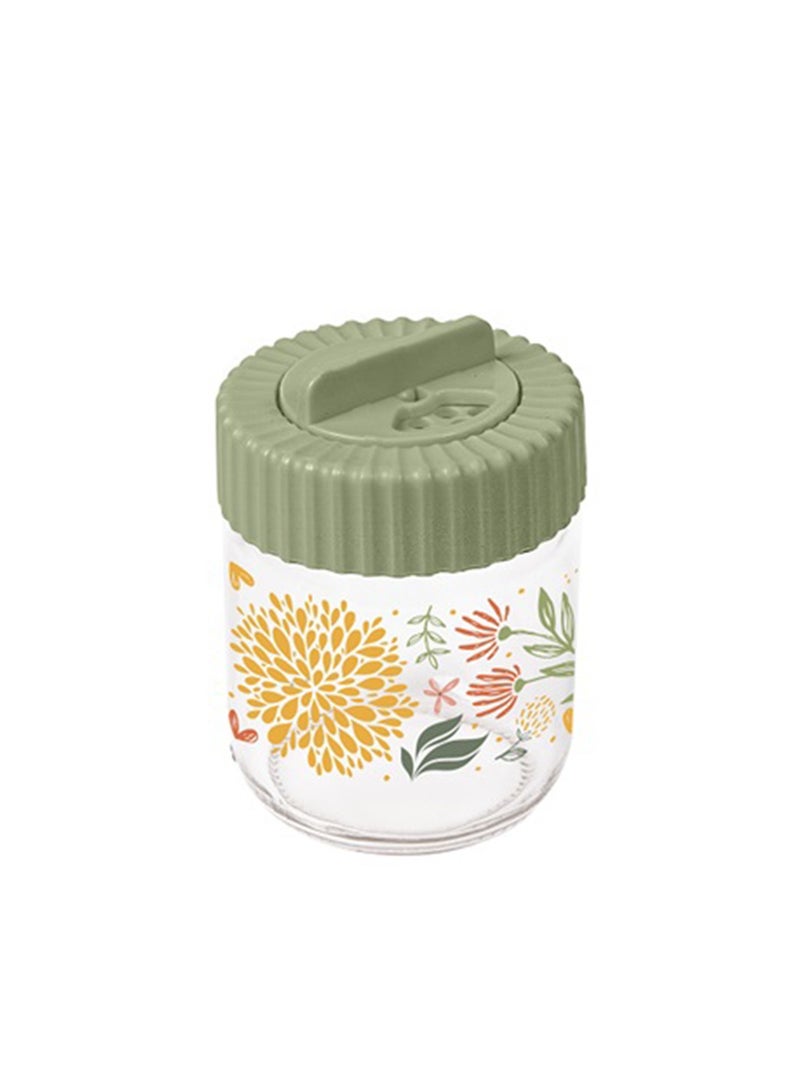 Herevin 200ml Glass Decorated Spice Jar with Airtight PP Green Lid - Botanic Design, SCT, Transparent - Image 1
