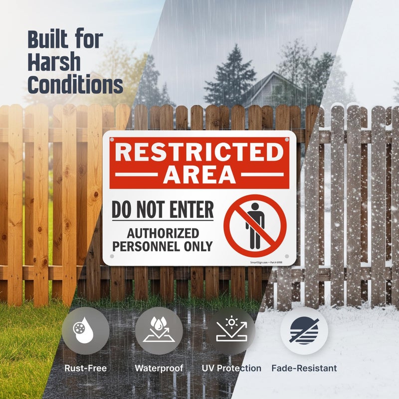 SmartSign 10 x 14 inch â€œRestricted Area - Do Not Enter, Authorized Personnel Onlyâ€ OSHA Metal Sign, 40 mil Laminated Rustproof Aluminum, Red, Black and White, Made in USA - Image 3