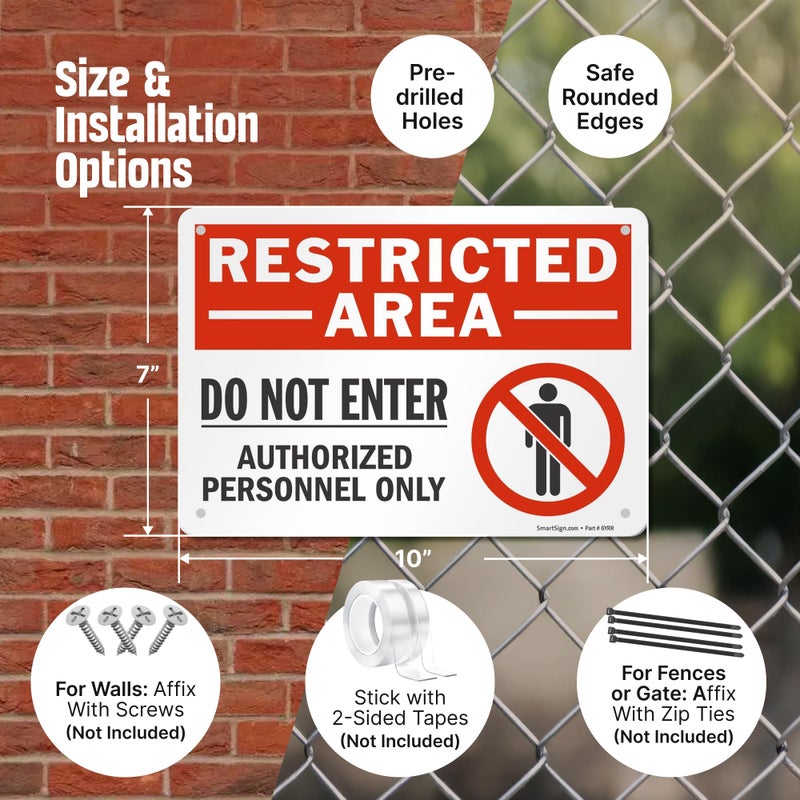 SmartSign 10 x 14 inch â€œRestricted Area - Do Not Enter, Authorized Personnel Onlyâ€ OSHA Metal Sign, 40 mil Laminated Rustproof Aluminum, Red, Black and White, Made in USA - Image 4