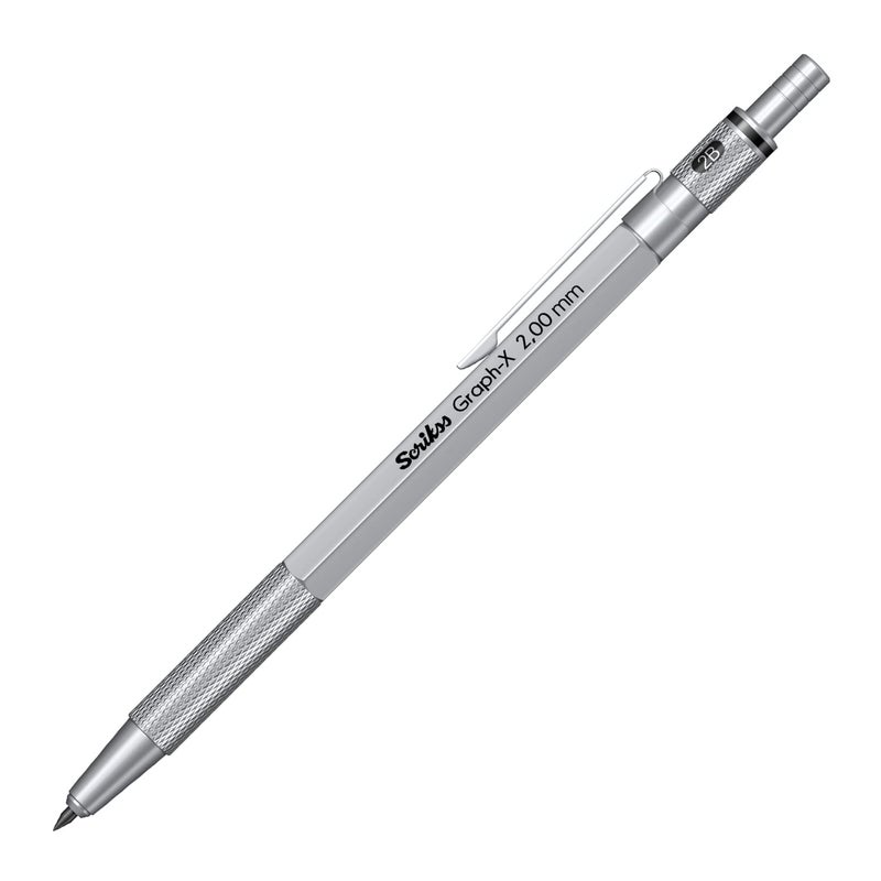 Scrikss 20mm Mechanical Clutch Lead Pen Pencil Satin Chrome Brass Body Push Mechanism GraphX Series Mini Removable Sharpener - Image 1