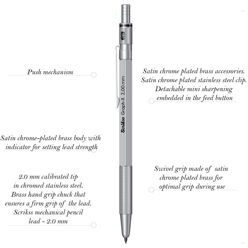 Scrikss 20mm Mechanical Clutch Lead Pen Pencil Satin Chrome Brass Body Push Mechanism GraphX Series Mini Removable Sharpener - Image 2
