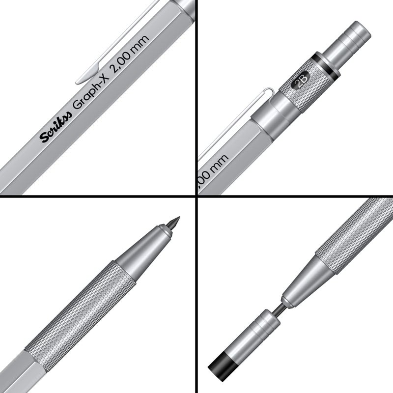Scrikss 20mm Mechanical Clutch Lead Pen Pencil Satin Chrome Brass Body Push Mechanism GraphX Series Mini Removable Sharpener - Image 3