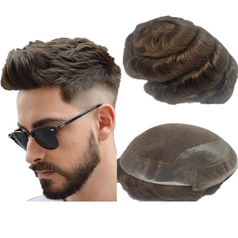 NLW Dark brown human hair Toupee for mens pieces European hairs replacement system for men 10x8 brown color hair prosthesis patch units implant for white man 2 Dark brown