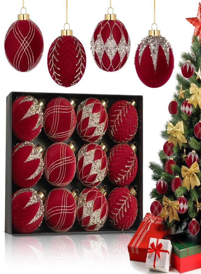 cerpite 12-Pack Velvet Christmas Ball Ornaments - 80mm/3.15 in Flocked Red Christmas Ornaments Hanging Shatterproof Plastic Ball Decorations for Xmas Tree, Holiday, Wedding, Party - Image 1