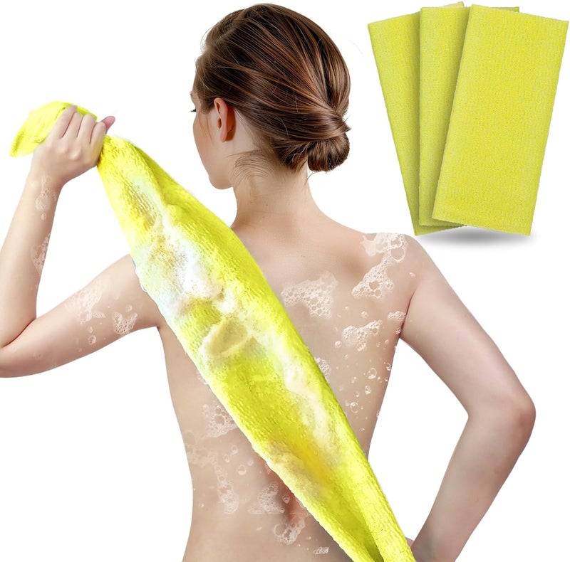 ARCH&M Exfoliating Washcloth Towel Japanese Washcloth Nylon Bath Wash Towel Korean Exfoliating Towel Beauty Washcloth Sponge Loofah Body Scrub Back Scrubber for Shower Cloth 3 Pack by (Yellow x 3) | Korean & Japanese Style Scrub Cloth, Nylon Bath Washcloth, For Body & Back, Smoother Skin - Image 1