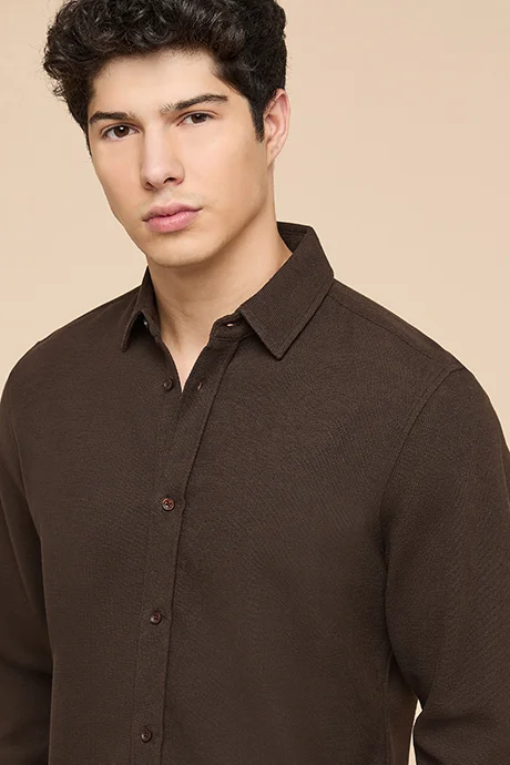 أر أند بي Textured Shirt with Classic Collar and Long Sleeves