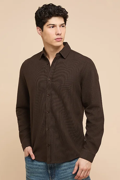 أر أند بي Textured Shirt with Classic Collar and Long Sleeves