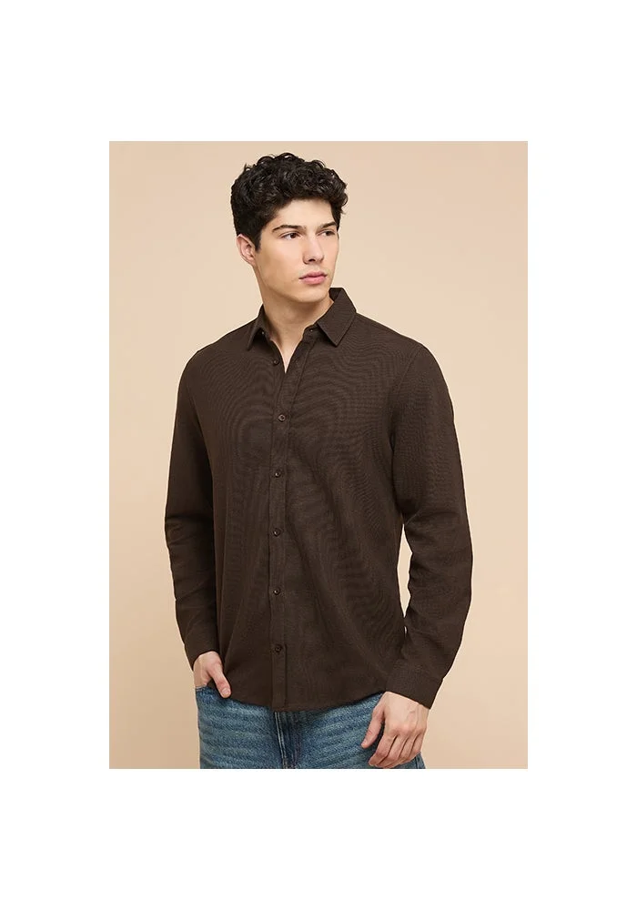 أر أند بي Textured Shirt with Classic Collar and Long Sleeves