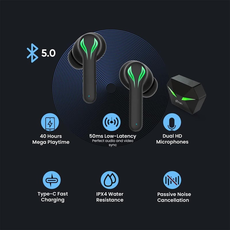 PTron Bassbuds Jade Gaming True Wireless Headphone with 40Hrs Total Playtime with Case, Low Latency, Deep Bass, BT5.0, Touch Control, Dual Mic, Passive Noise Cancellation & IPX4 Waterproof (Black) - Image 2