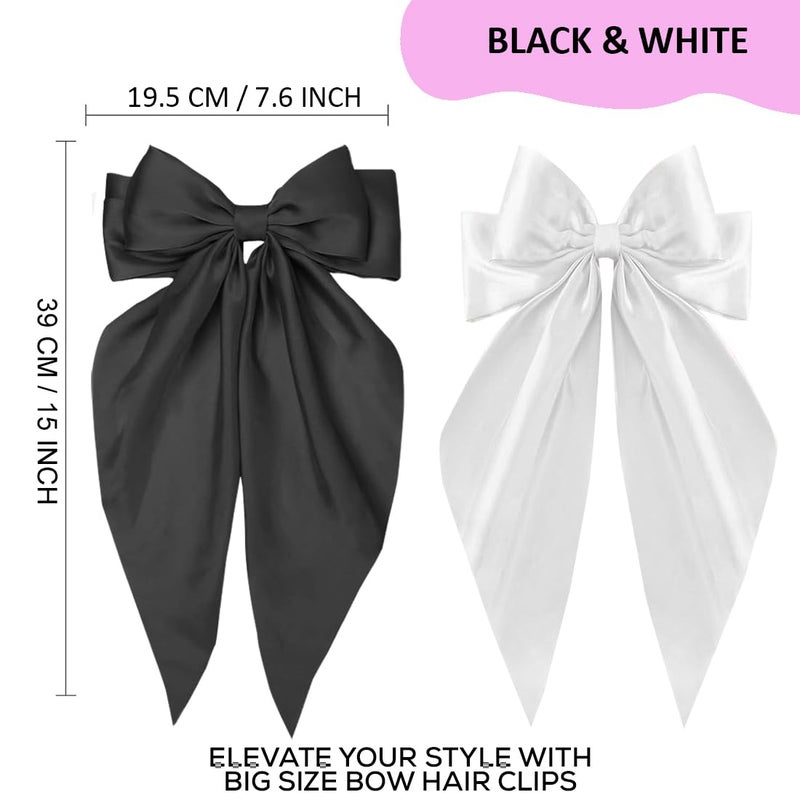 kapimo 2 Pcs Bow Hair Clips for Women Girls Satin layered Barrette Ribbon Hairclips Stylish Cute Hair Accessories (Black - White) - Image 2