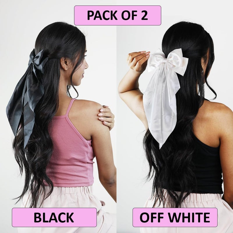 kapimo 2 Pcs Bow Hair Clips for Women Girls Satin layered Barrette Ribbon Hairclips Stylish Cute Hair Accessories (Black - White) - Image 3