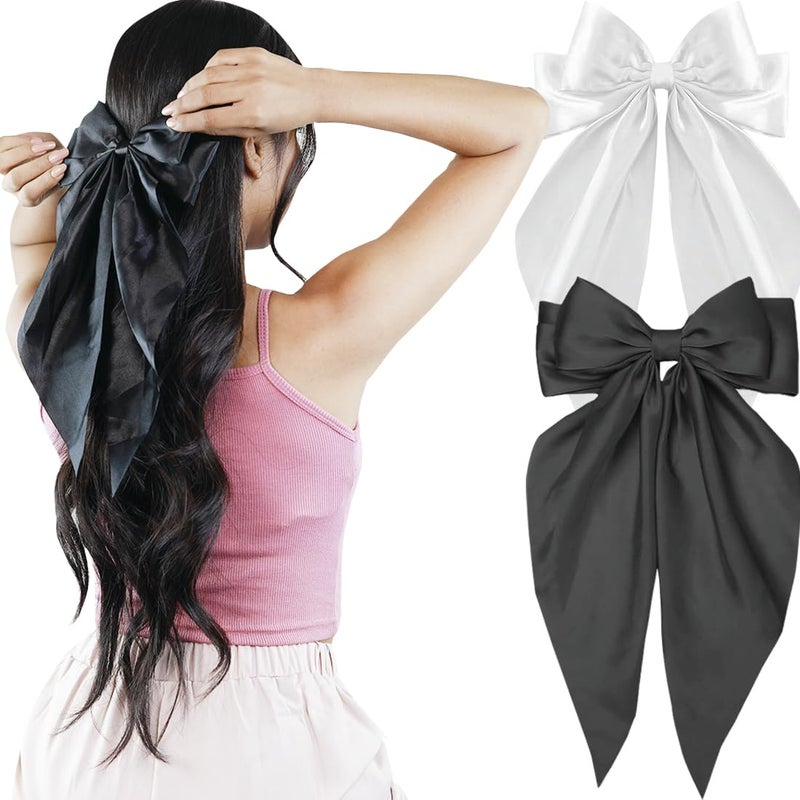 kapimo 2 Pcs Bow Hair Clips for Women Girls Satin layered Barrette Ribbon Hairclips Stylish Cute Hair Accessories (Black - White) - Image 1