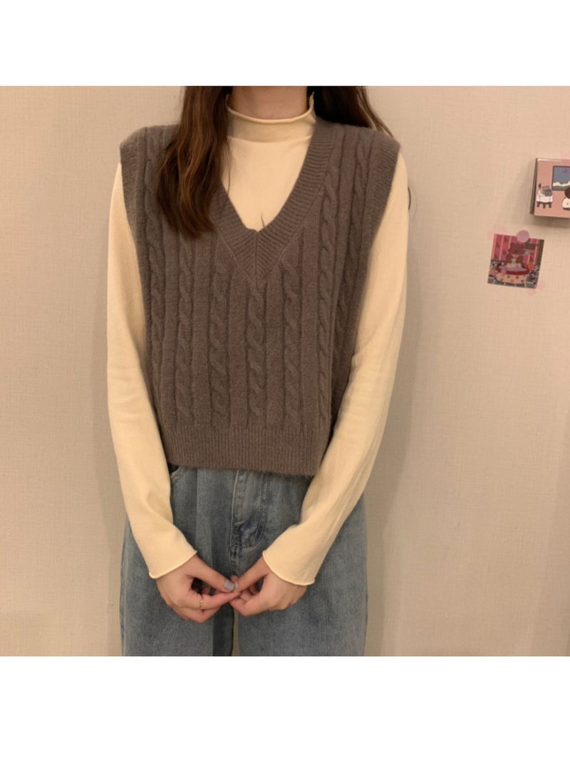 NIBEMINENT Vest Women Solid Loose Korean Student Sleeveless Knitted V-Neck Autumn Sweater Vest Female Coats Simple Outwear Pullover Tops - Image 2