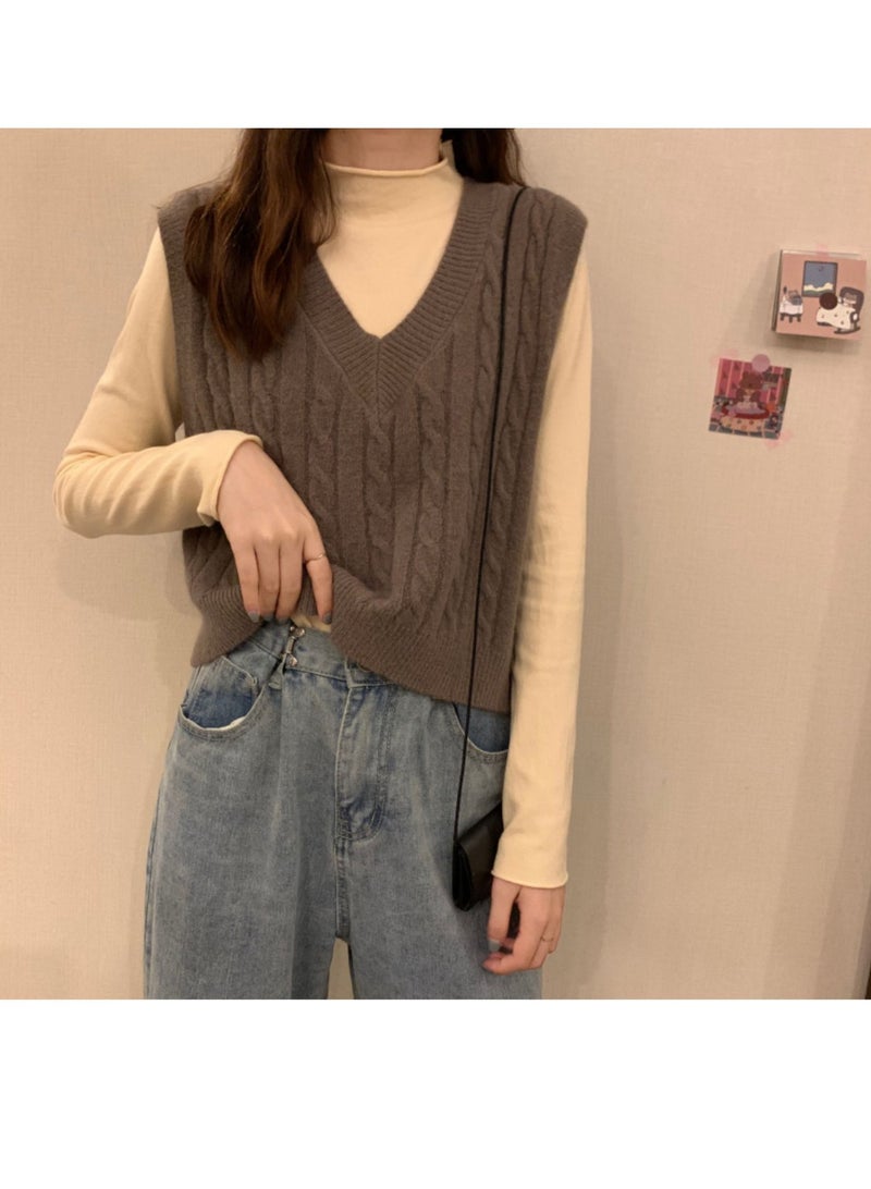 NIBEMINENT Vest Women Solid Loose Korean Student Sleeveless Knitted V-Neck Autumn Sweater Vest Female Coats Simple Outwear Pullover Tops - Image 3