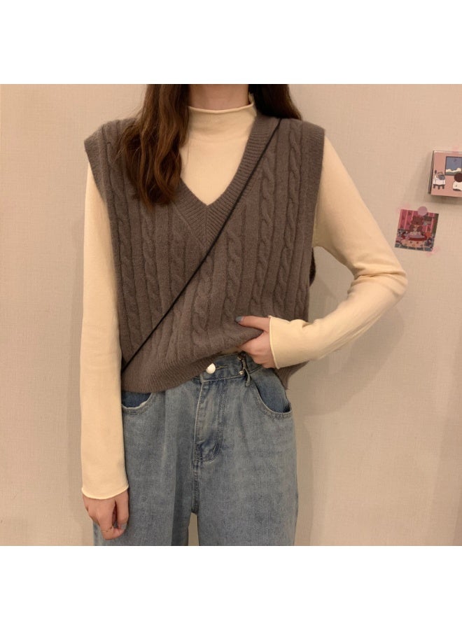 NIBEMINENT Vest Women Solid Loose Korean Student Sleeveless Knitted V-Neck Autumn Sweater Vest Female Coats Simple Outwear Pullover Tops - Image 1