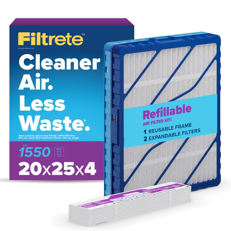 Filtrete 20x25x4 Refillable Air Filter Starter Kit, MPR 1550, MERV 12, 1 Reusable Air Filter Frame & 2 Air Filters, Fits Honeywell & Lennox, Allergen Bacteria & Virus, Actual size 19.88 x 24.62 x 4.25 - Image 1