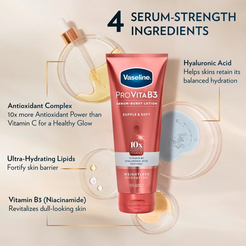 Vaseline Pro VitaB3 Serum Burst Lotion Supple & Soft Healthy, Hydrated Skin, Lightweight 10x Antioxidant Power of Vitamin C with Vitamin B3, Hyaluronic Acid & Peptides, 7.5 fl oz - Image 3