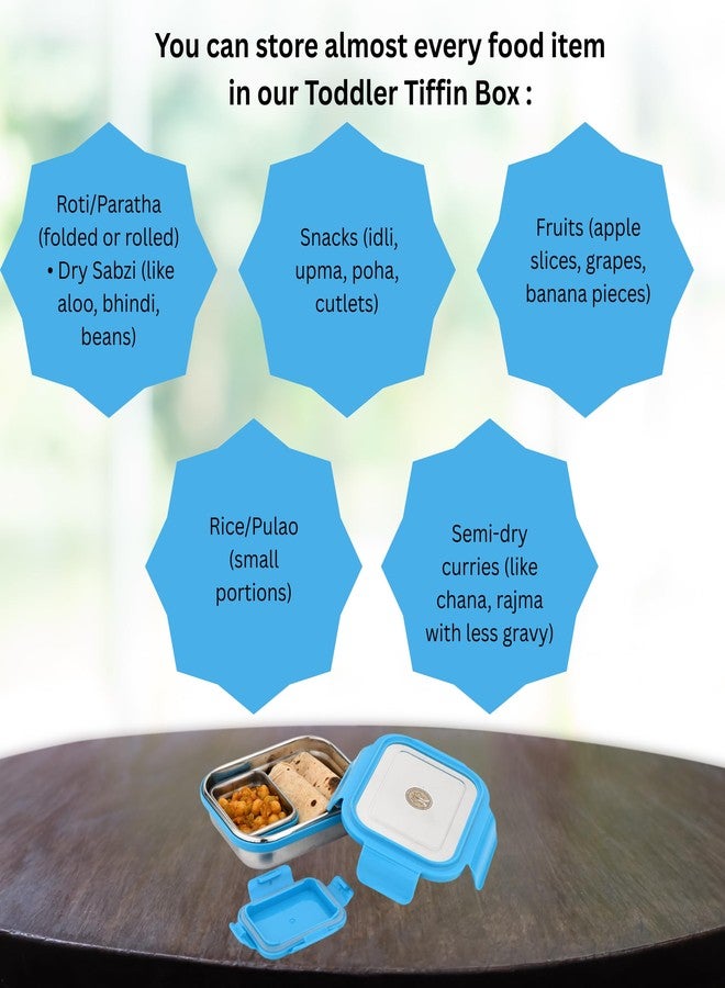 Ammantran Stainless Steel Lunch Box/Toddler Tiffin Box with Blue Lock lid, 2 Compartments 550 ML Ideal for Storing Chapati sabzi, Theplas, Idli Chutney, Dal Curry, etc in School, Office, Picnic. - Image 5
